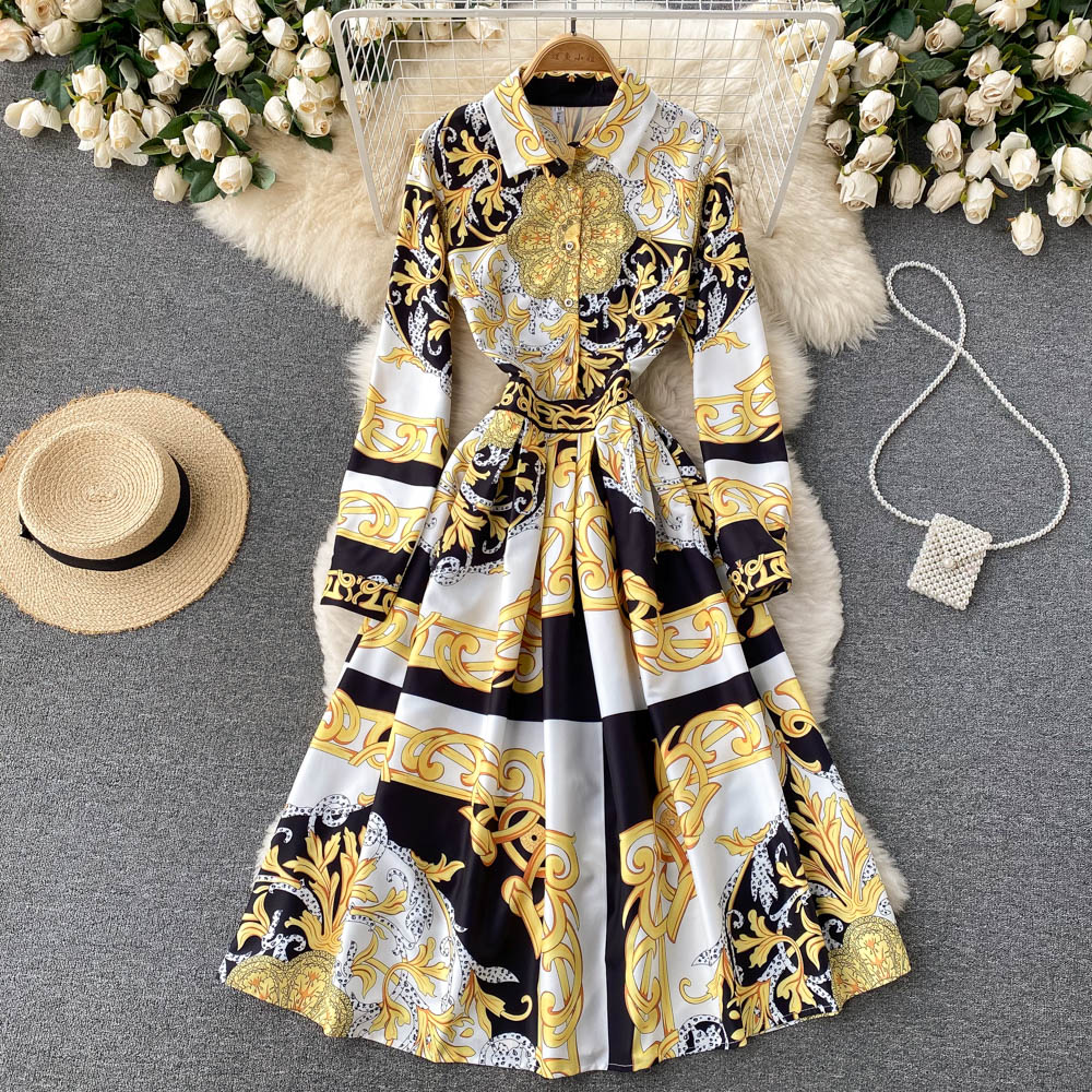 2022 Fashion Baroque Runway Dress Women’s Long Sleeve Black and Golden Flower Printed Elegant Shirt Collar Pleated Midi Vestidos alx