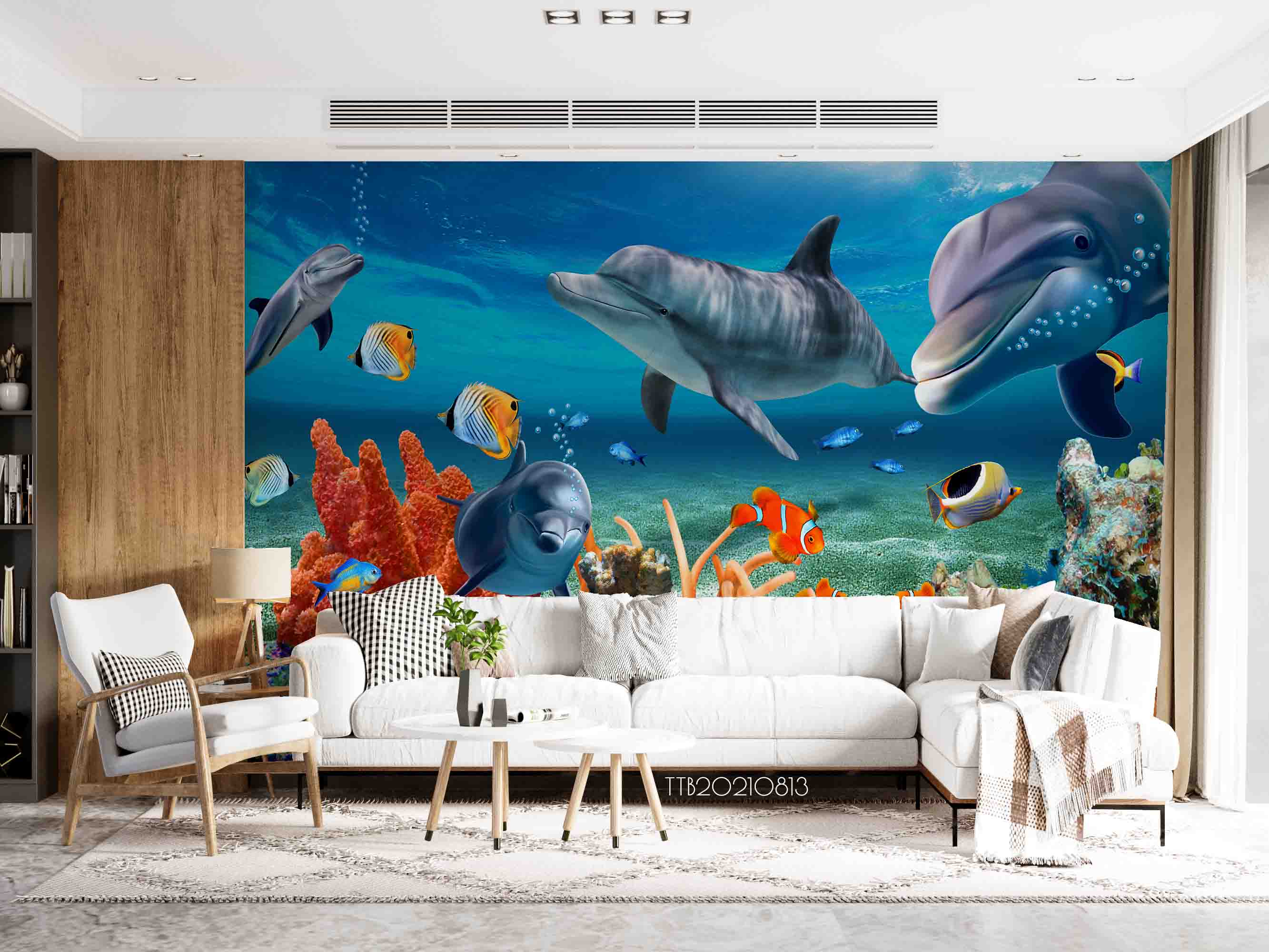 3D Hand-Painted Cartoon Underwater World Fish Dolphin Coral Wall Mural Wallpaper 5089