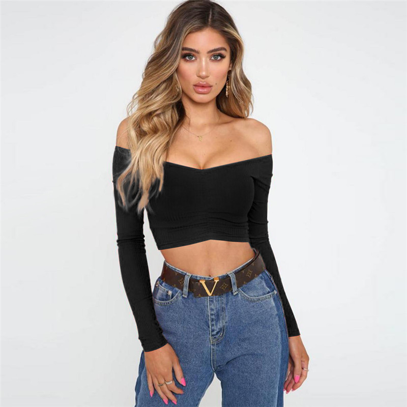 Women’s Long Sleeve T-shirt Summer Fashion Casual Sexy Off Shoulder Solid Color Umbilical Exposure Sexy Tops alx