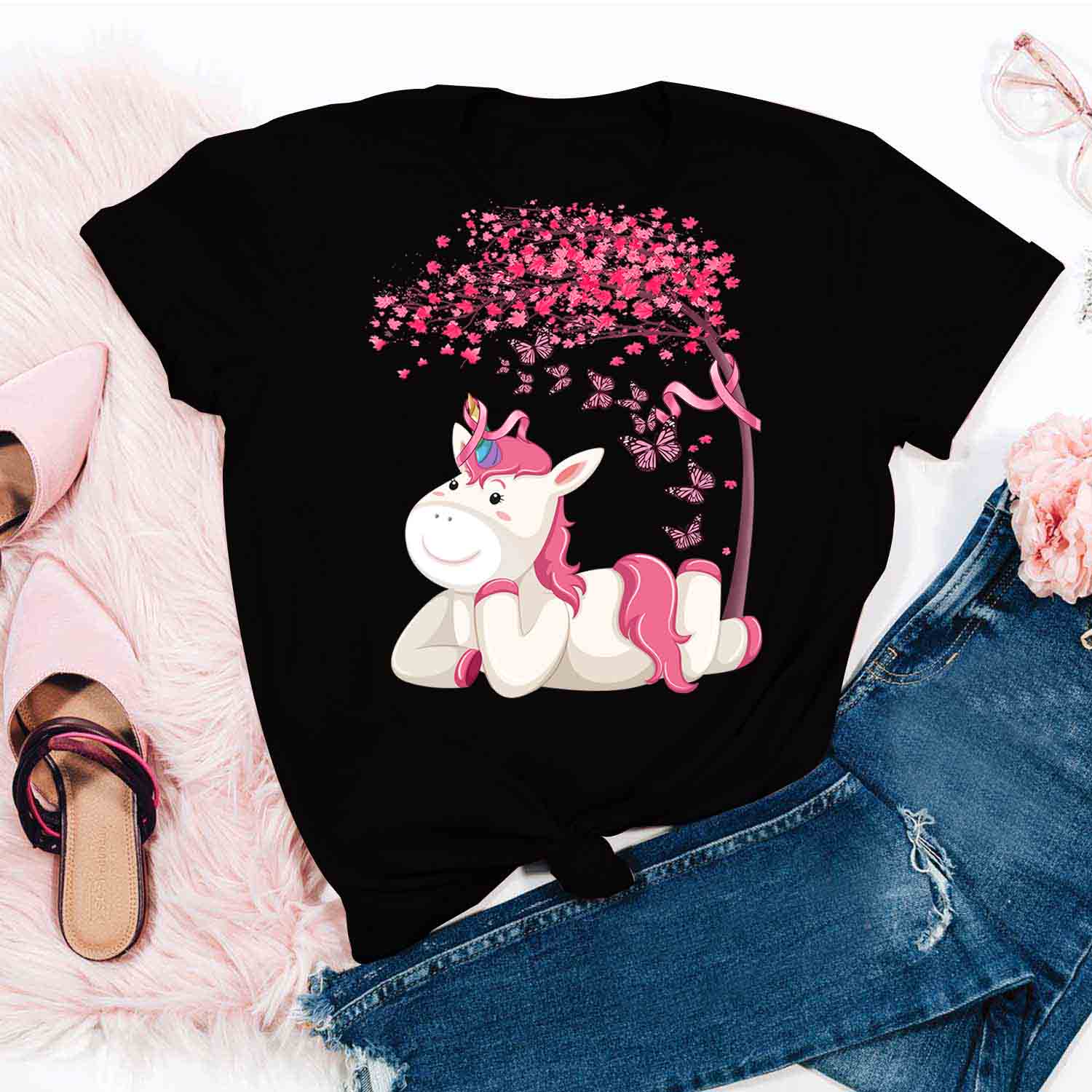 Happy Unicorn Lying Down Under The Tree Shirt – Breast Cancer Awareness T-Shirt Gifts For Mom Daughter Friends Hoodies Sweater Pink