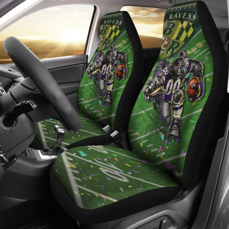 Baltimore Ravens American Football Team Car Seat Covers Angry Muscle Raven Holding Rugby Ball Running On Field Seat Covers