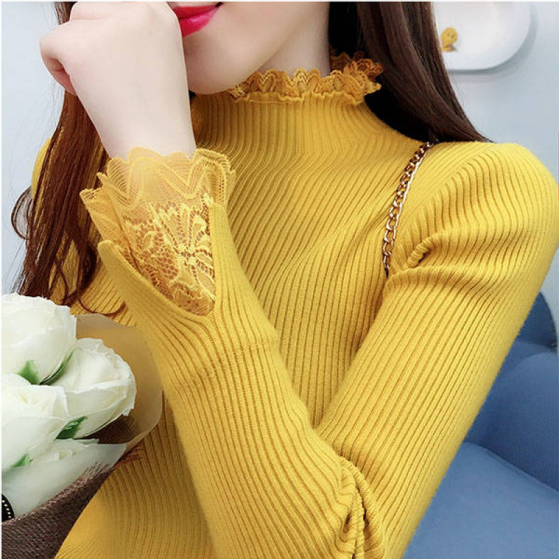 2020 Autumn Winter Women Sweater Lace Turtleneck Sweaters Female Long Sleeve Knitted Pullovers Casual Jumper Femme Pull P315 alx