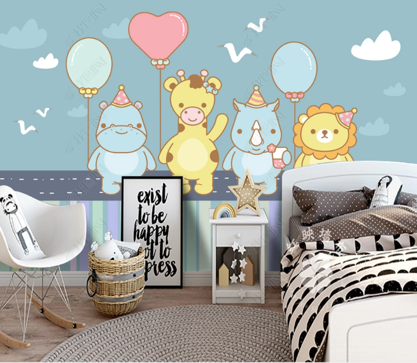 3D Cartoon Animal Cloud Balloon Wall Mural Wallpaper Lqh 28