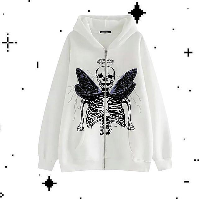 American Retro Punk Street Hip Hop Dress Wings Skull Print Oversized Zipper Hoodie Female Y2K Loose Casual Couple Sweatshirt alx