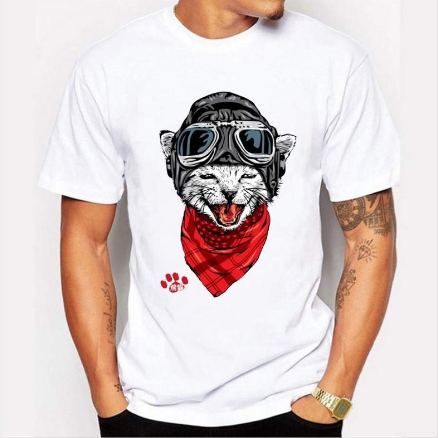 High-Quality Fashion Men’S Wearing Hat Cat Pattern Printed Casual Short-Sleeved O-Neck White Couple T-Shirt