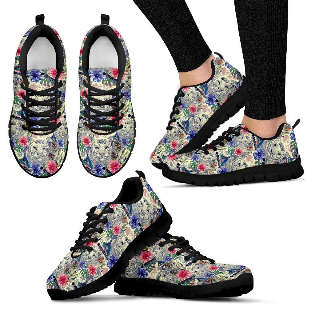 White Tiger Flower Pattern Print Sneakers Shoes