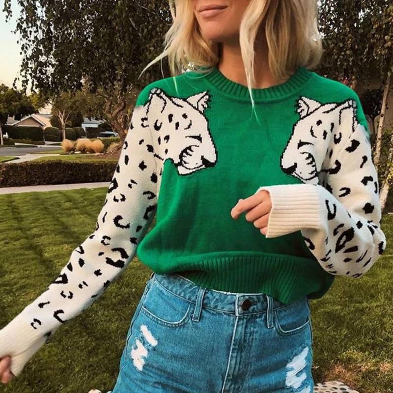 New contrast color mosaic leopard pattern sweaters