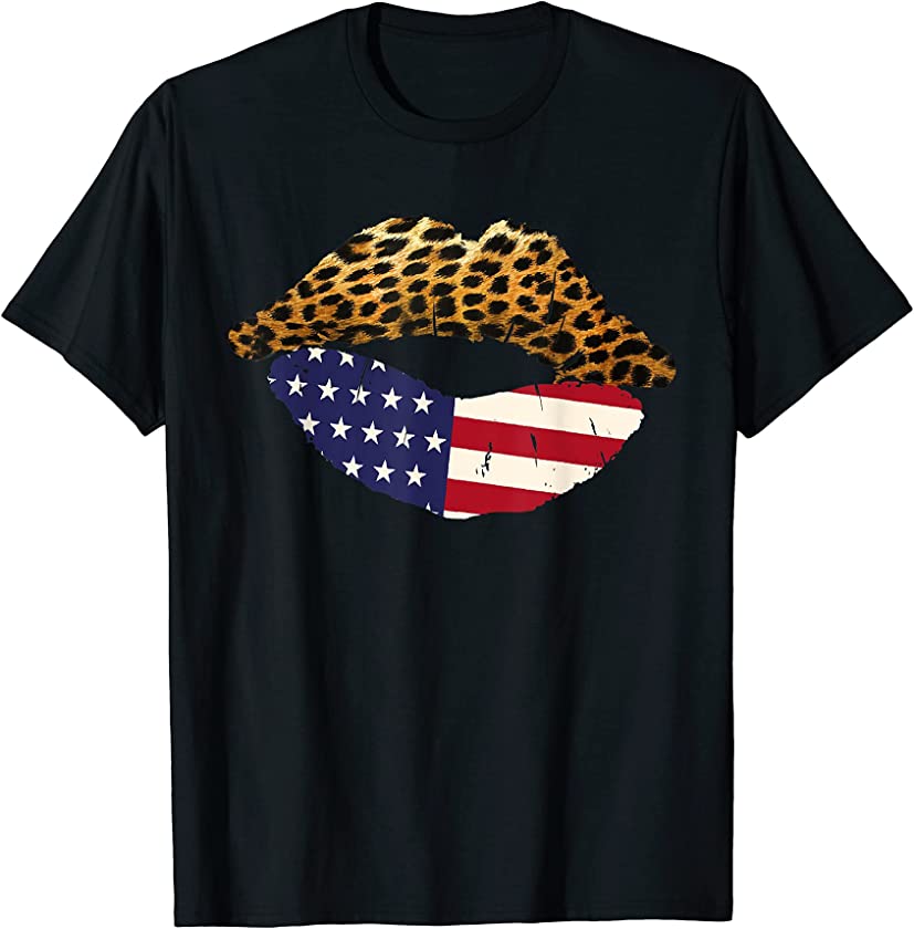 American Flag Sexy Lips Leopard Patriotic USA 4th Of July T-Shirt