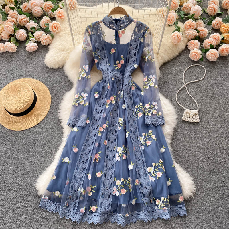 Spring Autumn Runway Flower Embroidery Dress Women’s Flare Sleeve Stand Floral Blue Hollow out Embroidered Long Mesh Dresses alx