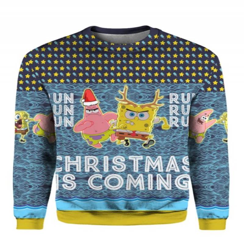 Spongebob Patrick Star Christmas Is Coming 3D Print Ugly Christmas Sweater Hoodie Shirt