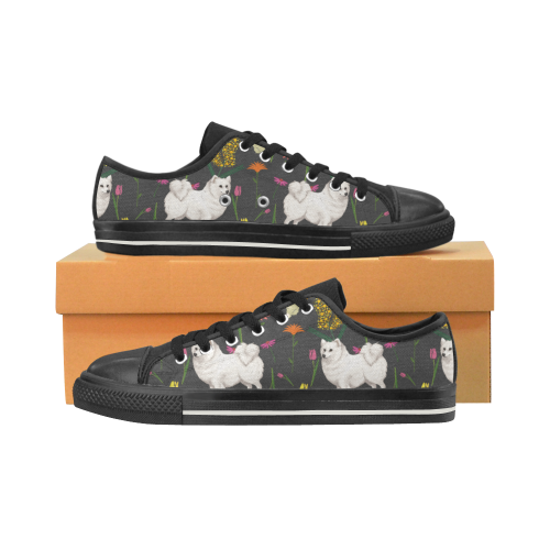 American Eskimo Dog Flower Black Low Top Canvas Shoes for Kid (Model 018)