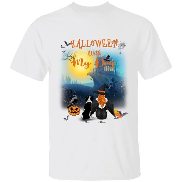 Halloween With My Dog Personalized T-Shirt, Mug, Blanket, Poster, Canvas Throw Pillow, Best Gifts For Dog Lovers And Halloween Occasion