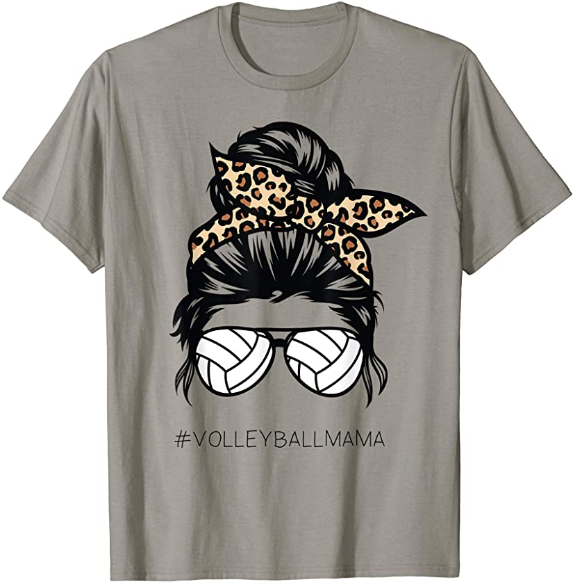 Volleyball Mom Leopard Ball messy hair bun Mother’s Day T-Shirt