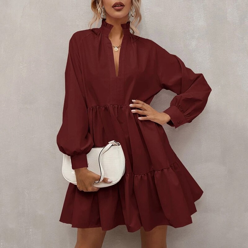 Spring Casual Lantern Long Sleeve Dress Women Sexy V-Neck Solid Color Pleated Dresses Fall Lady Elegant High Waist Mini Vestidos alx