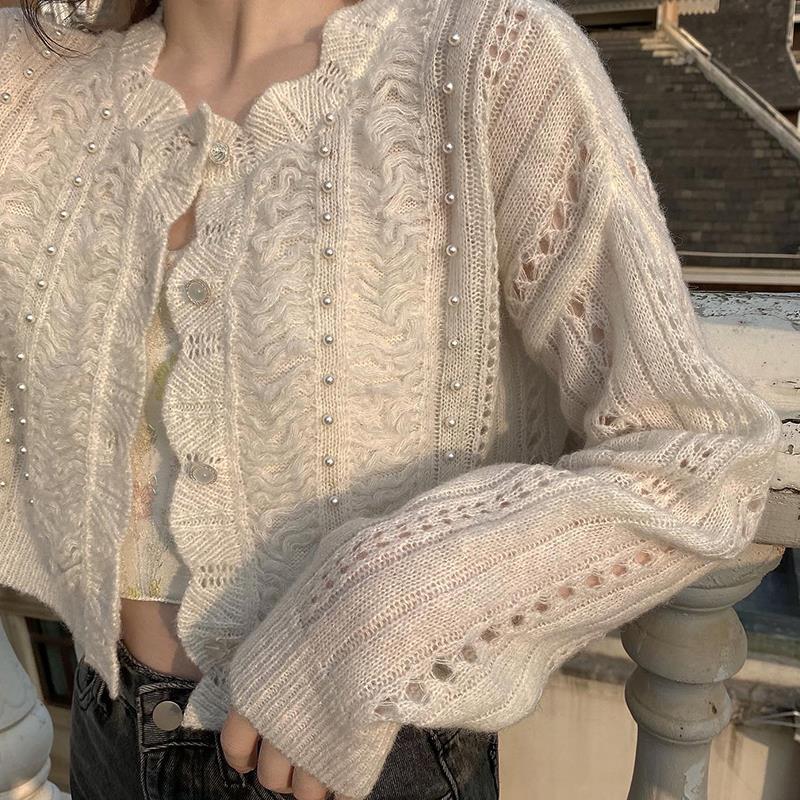 Cropped Cardigan Women Hollow Out Pure Color Soft Spring Design Students Korean Style Ladies Leisure Fashion Sweet Simple Cozy alx