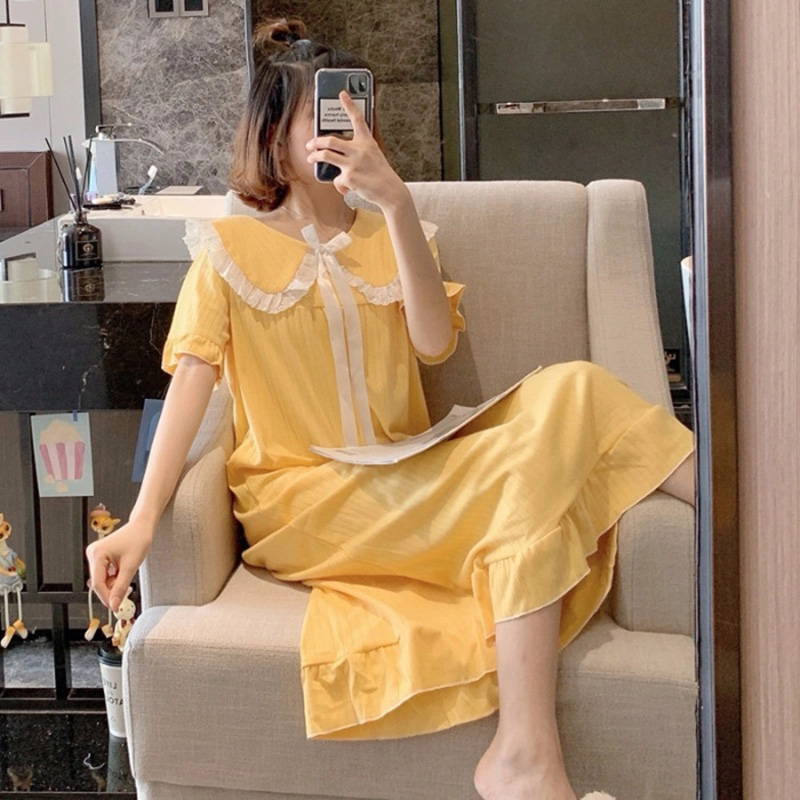 Summer Women’s Nightdress Milk Silk Pure Color Hedging Doll Collar Sweet and Cute Princess Style Nightgown Can Be Worn Outside alx