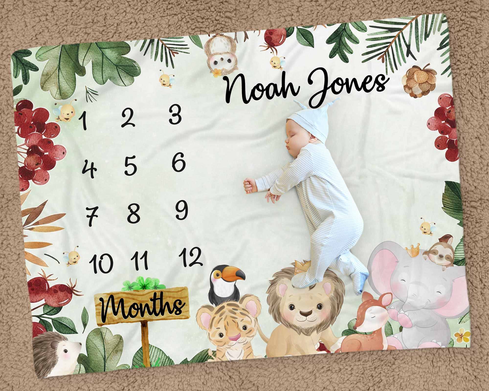 Safari Animals Nursery Monthly Milestone Blanket, Animals Nursery New Baby Gift, Custom Name Baby Milestone Blanket, Monthly Growth Tracker