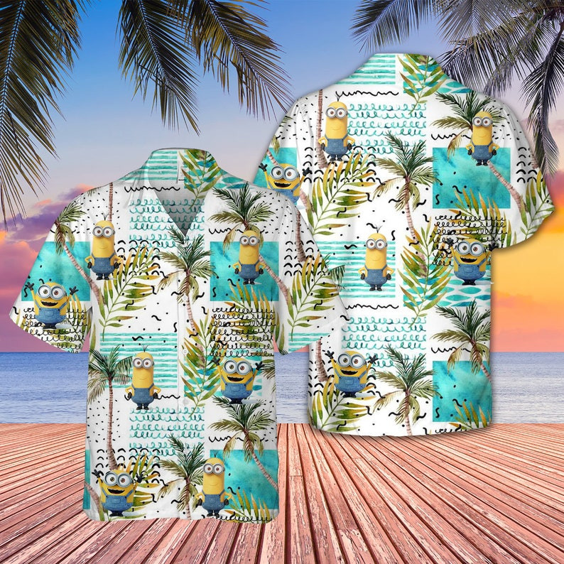 Minions Despicable Me Waves Palm Tree All Over Print Hawaii Shirt White Ha42512