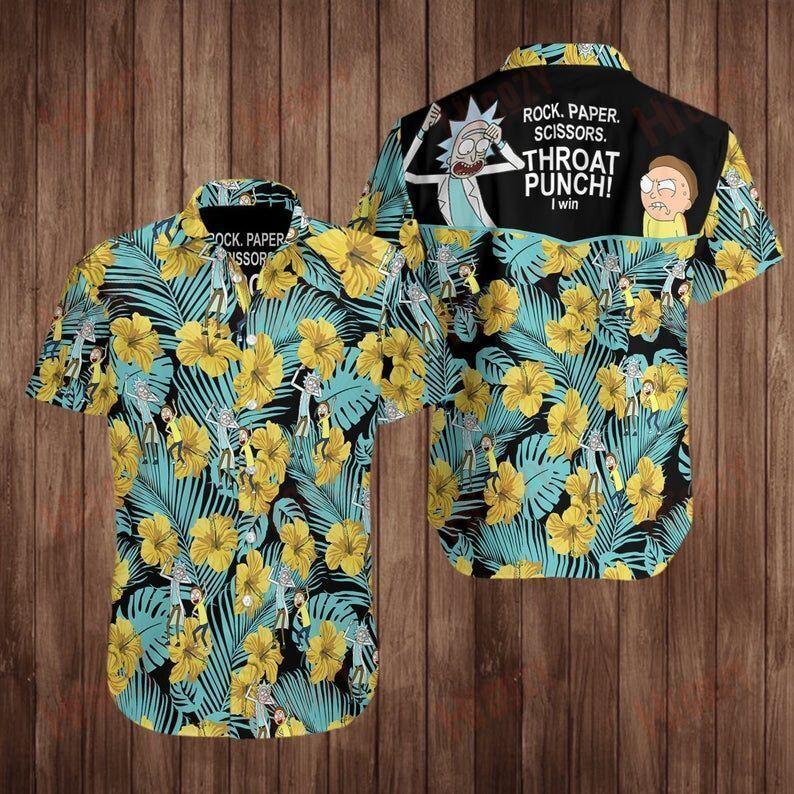 Rick And Morty Rock Paper Scissors Graphic Print Short Sleeve Hawaii Casual Shirt Ha36861