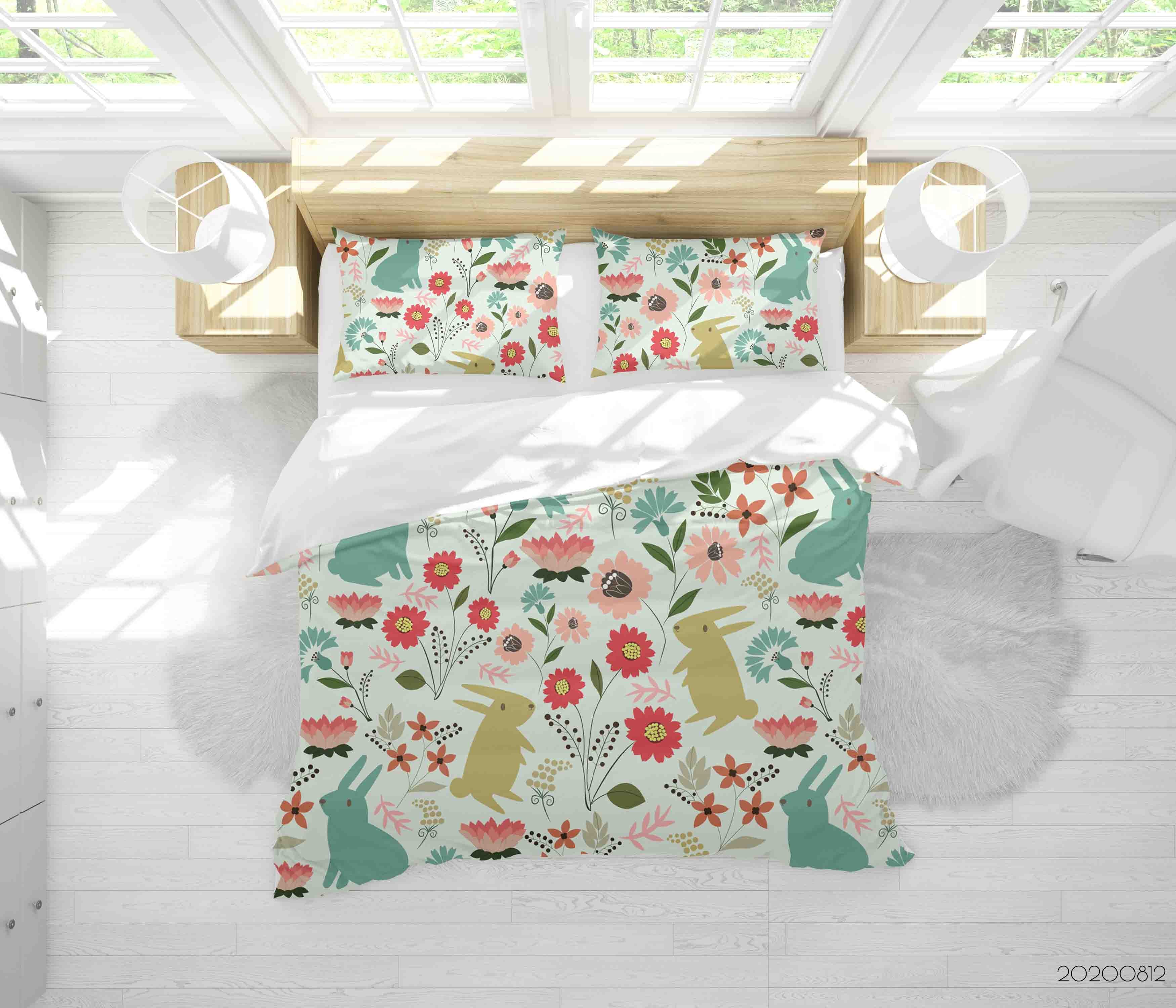 3D Colorful Floral Plant Bunny Animal Quilt Cover Set Bedding Set Duvet Cover Pillowcases Lxl