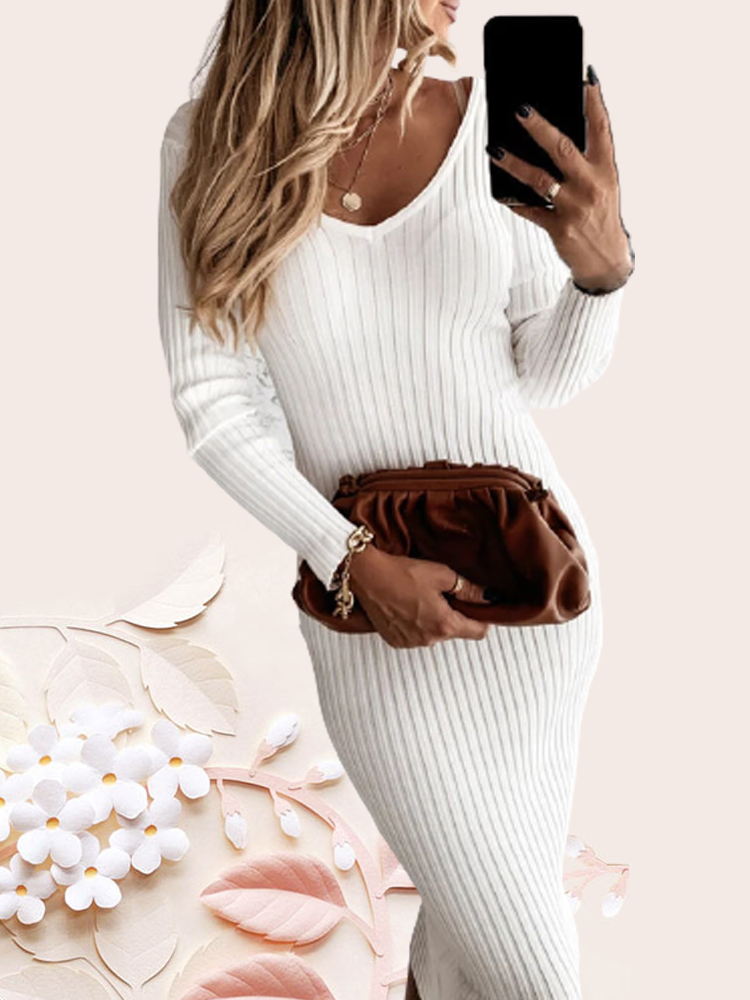 Autumn Winter Women Sexy Bodycon Solid Color Knitted Midi Dress Fashion Slim Long Sleeve V-neck Pullover Dress Plus Size alx