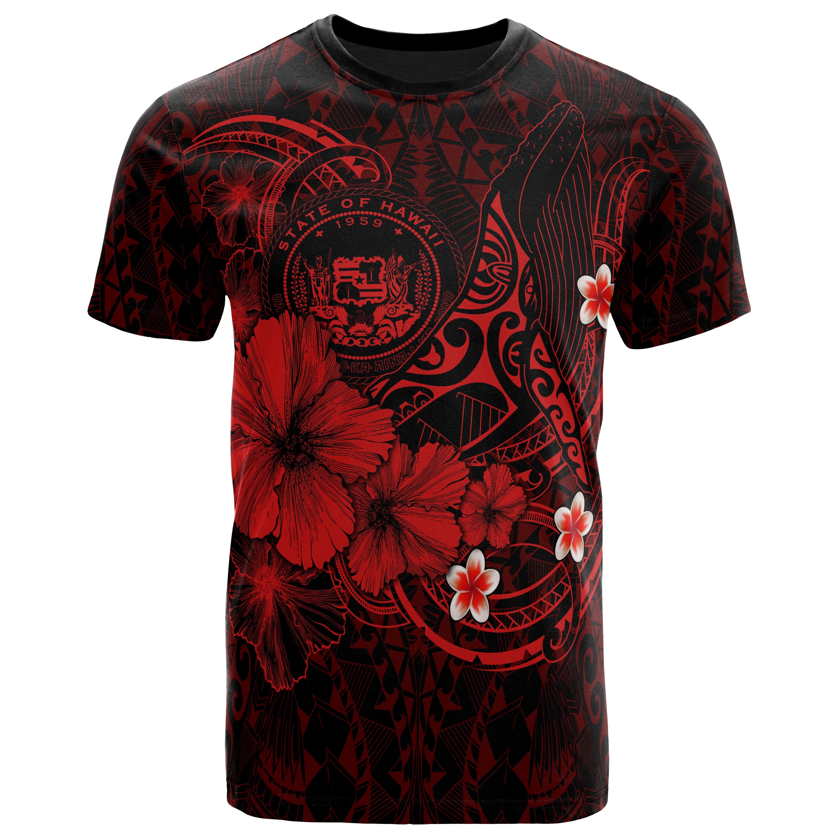 Polynesian Hawaii T-Shirts – Humpback Whale With Hibiscus (Red)