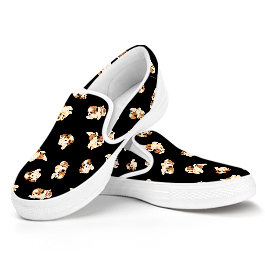 Shih Tzu Puppy Pattern Print White Slip On Shoes