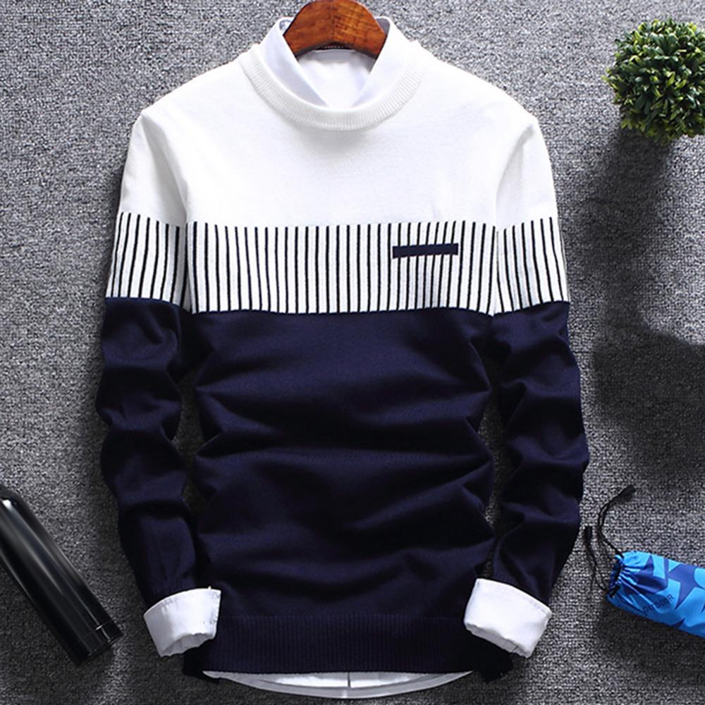 1pc Fashion Men Color Block Patchwork O Neck Long Sleeve Knitted Sweater Top Blouse Polyester Spandex Casual Warm Men’s Sweater alx