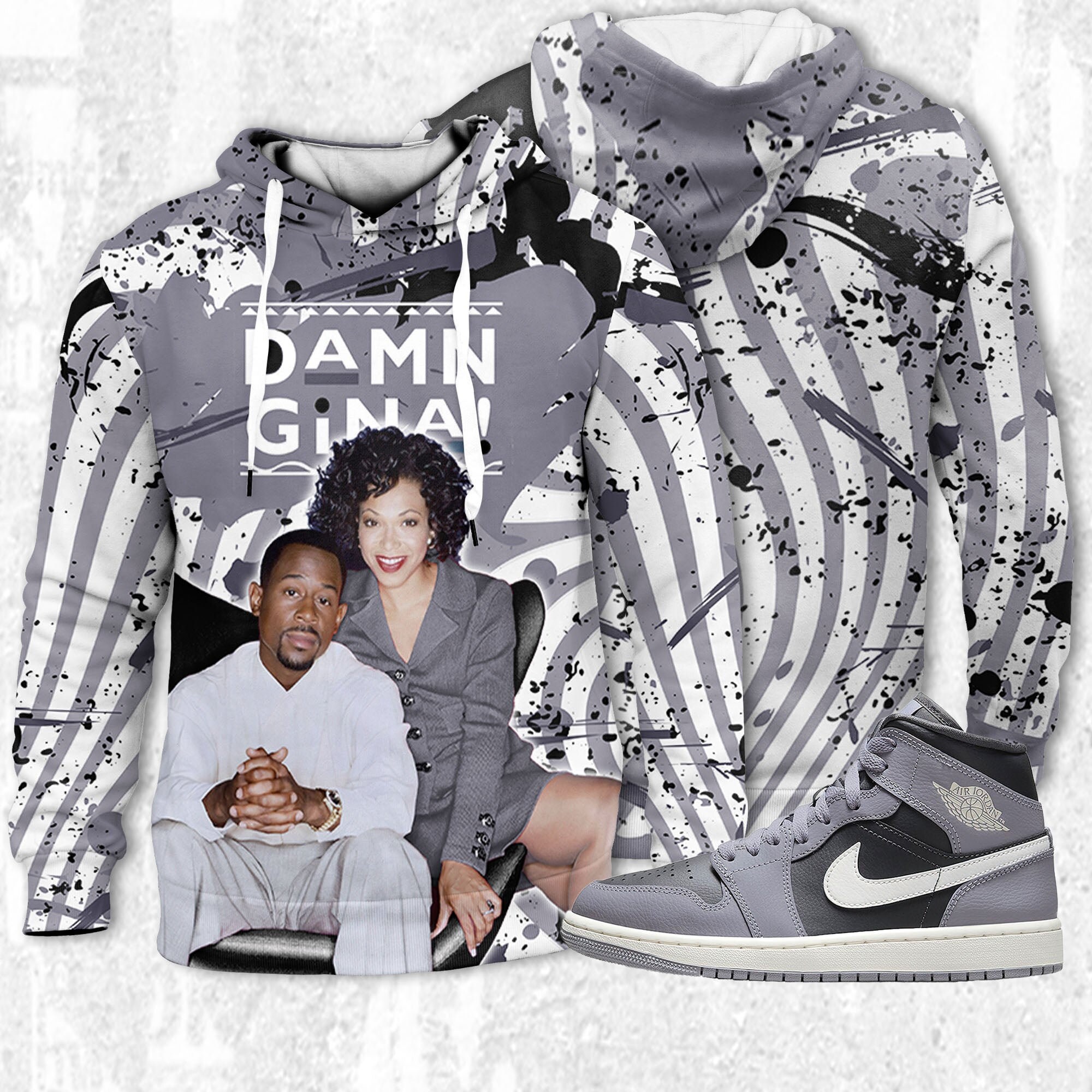Damn Gina 3D Humor 90s Unisex Hoodie 3D match Jordan 1 Mid Cement Grey Air Jordan Jordan MatchHoodie