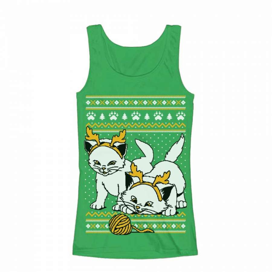 Cats with Reindeer Antler Headband Ugly Christmas Women Tank Top