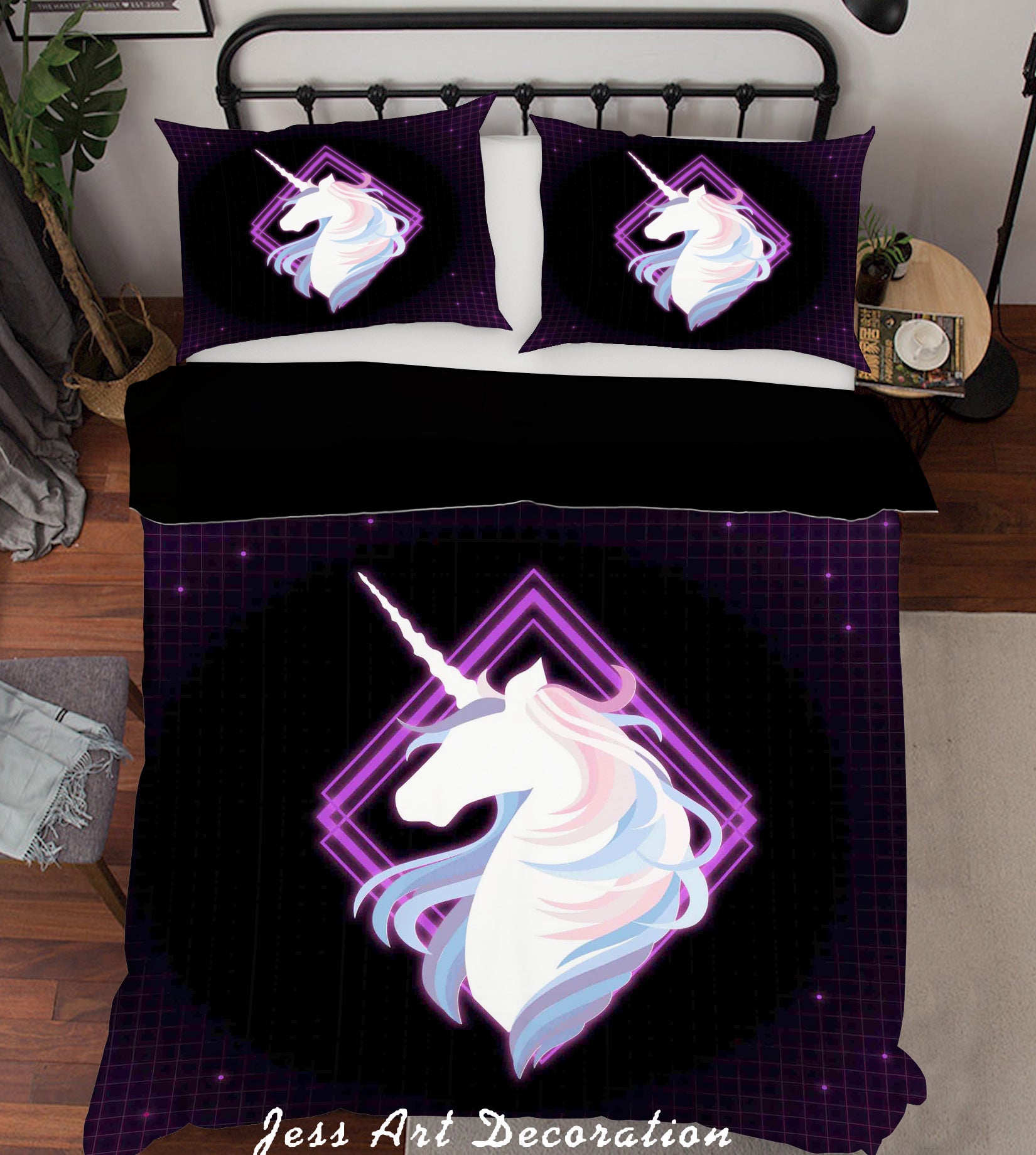 3D Black Square Unicorn Quilt Cover Set Bedding Set Duvet Cover Pillowcases Sf