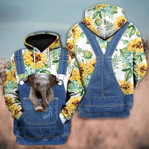 Love Elephants 3D Denim Overalls Print Hoodie 3D