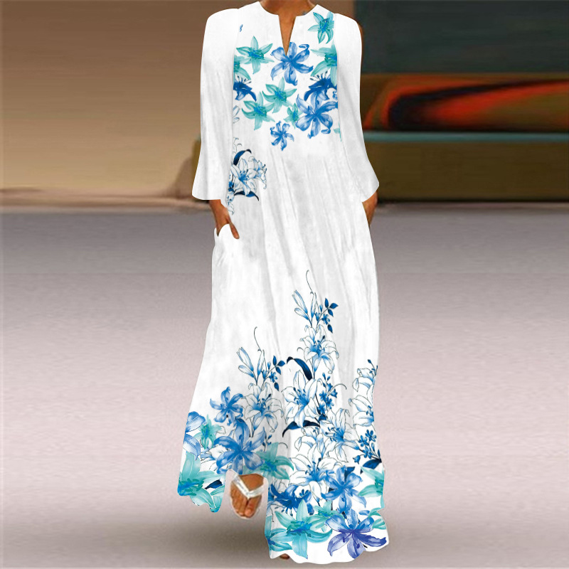 2021 Fashion Butterfly Print Spring Dress Casual Sexy Boho Beach Dresses Women V-neck Long Sleeve Pocket Large size Long Dress alx