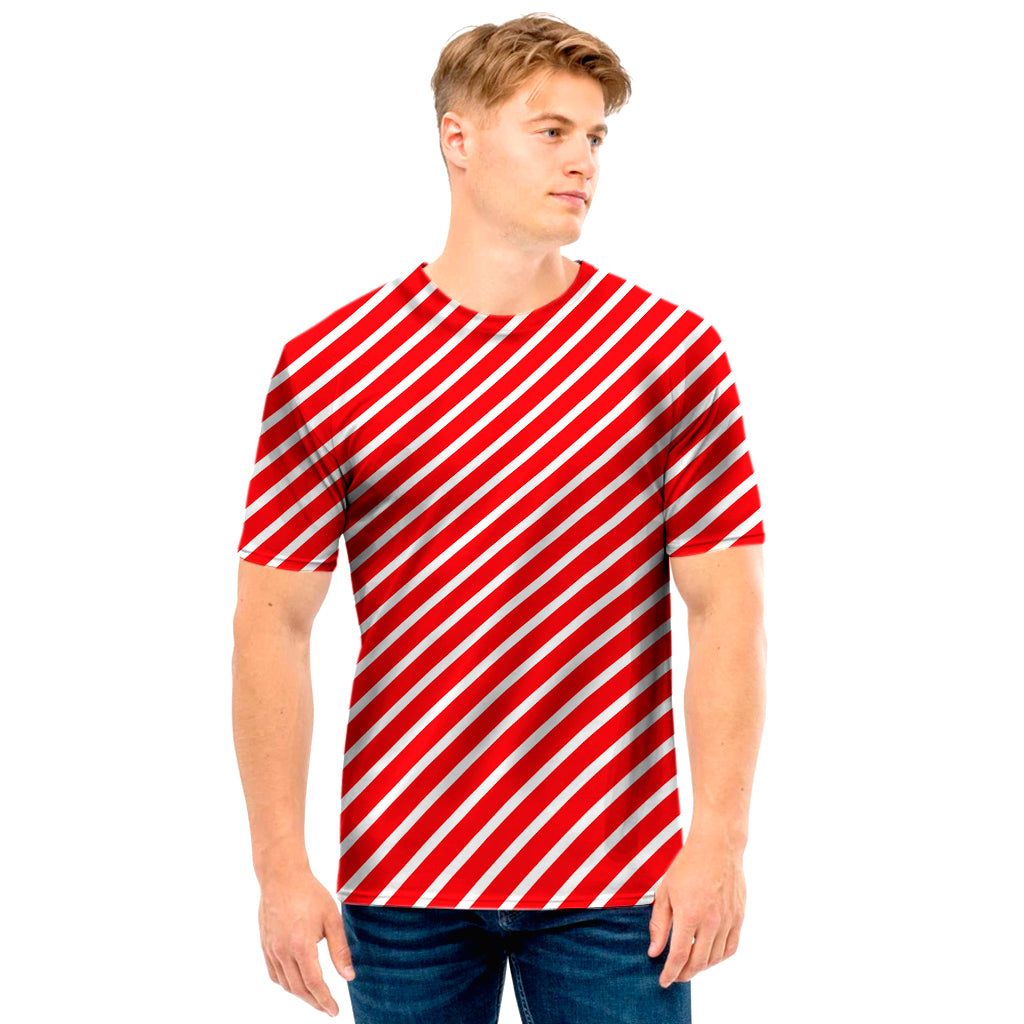 Red And White Candy Cane Pattern Print Men’S T-Shirt