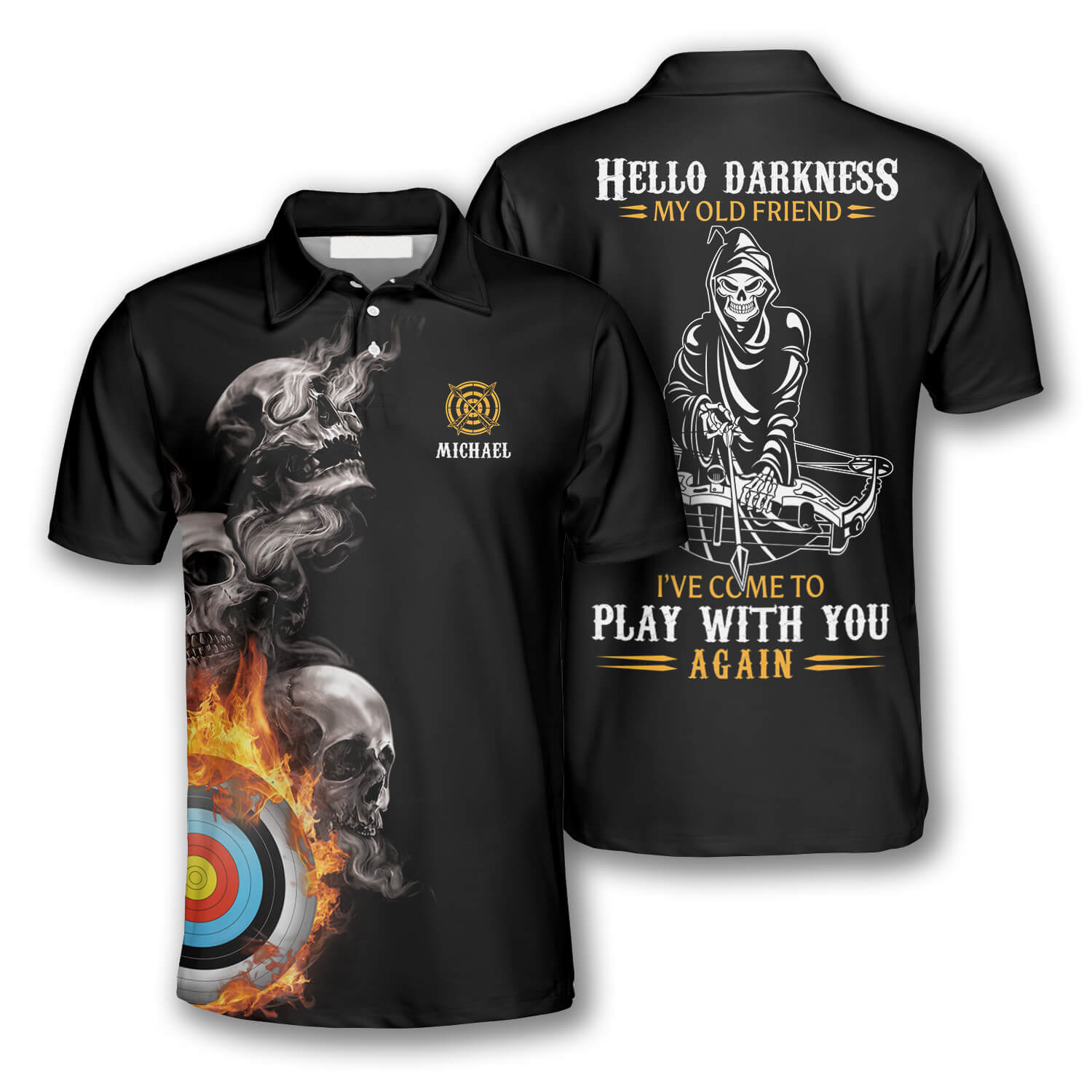 Hello Darkness My Old Friend Custom Archery Shirts For Men, Skull Fire Archery Shirt