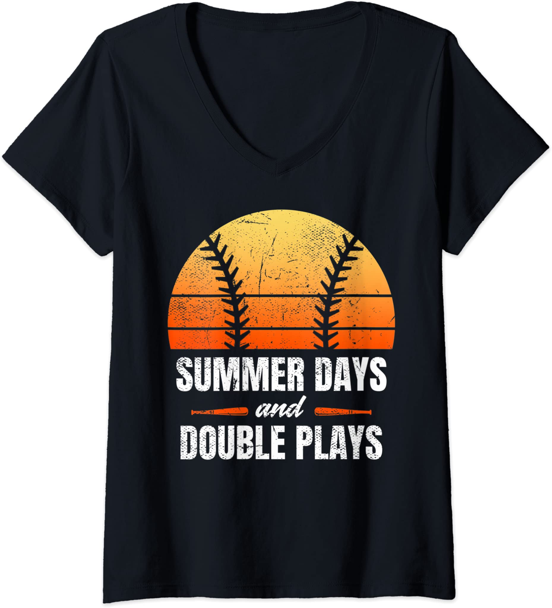 Womens Baseball Retro Vintage Sunset Summer Double Play Adult Kid V-Neck T-Shirt