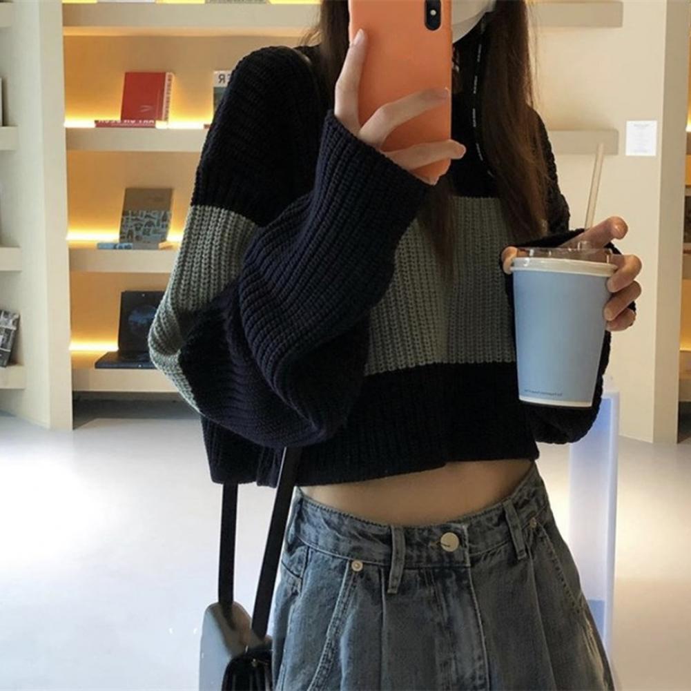 Striped Women Knitwear Cropped Sweaters Pullovers Short O-Neck Long Sleeves Loose Autumn Winter Cropped Sweater pull suéteres alx