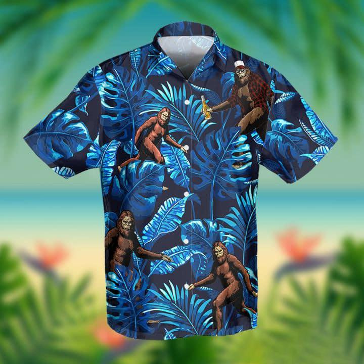 Blue Bigfoot Sasquatch Running Cheering Beer Hawaii Aloha Shirts Dh Ha79446