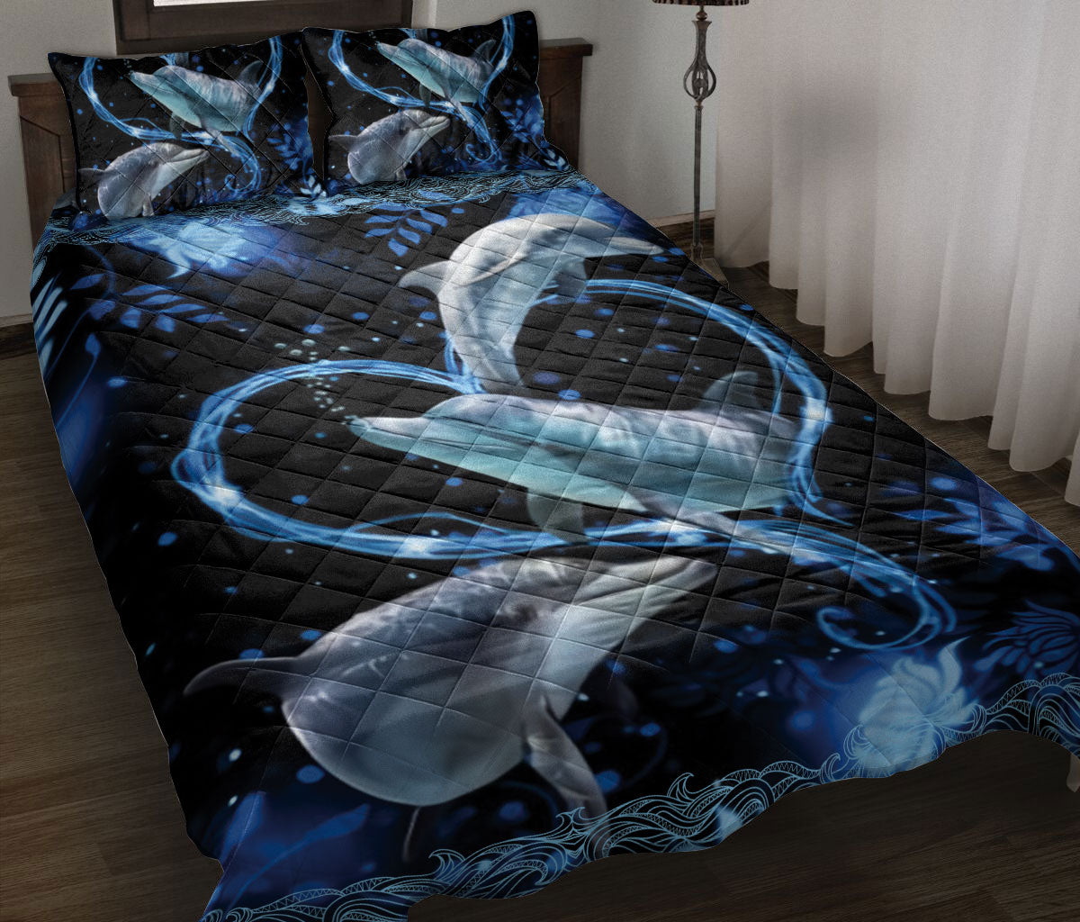 Dolphin Quilt Set, Dolphin Heart Ocean Blue Floral Love Quilt Blanket With Pillowcases, Quilt Bedding Set