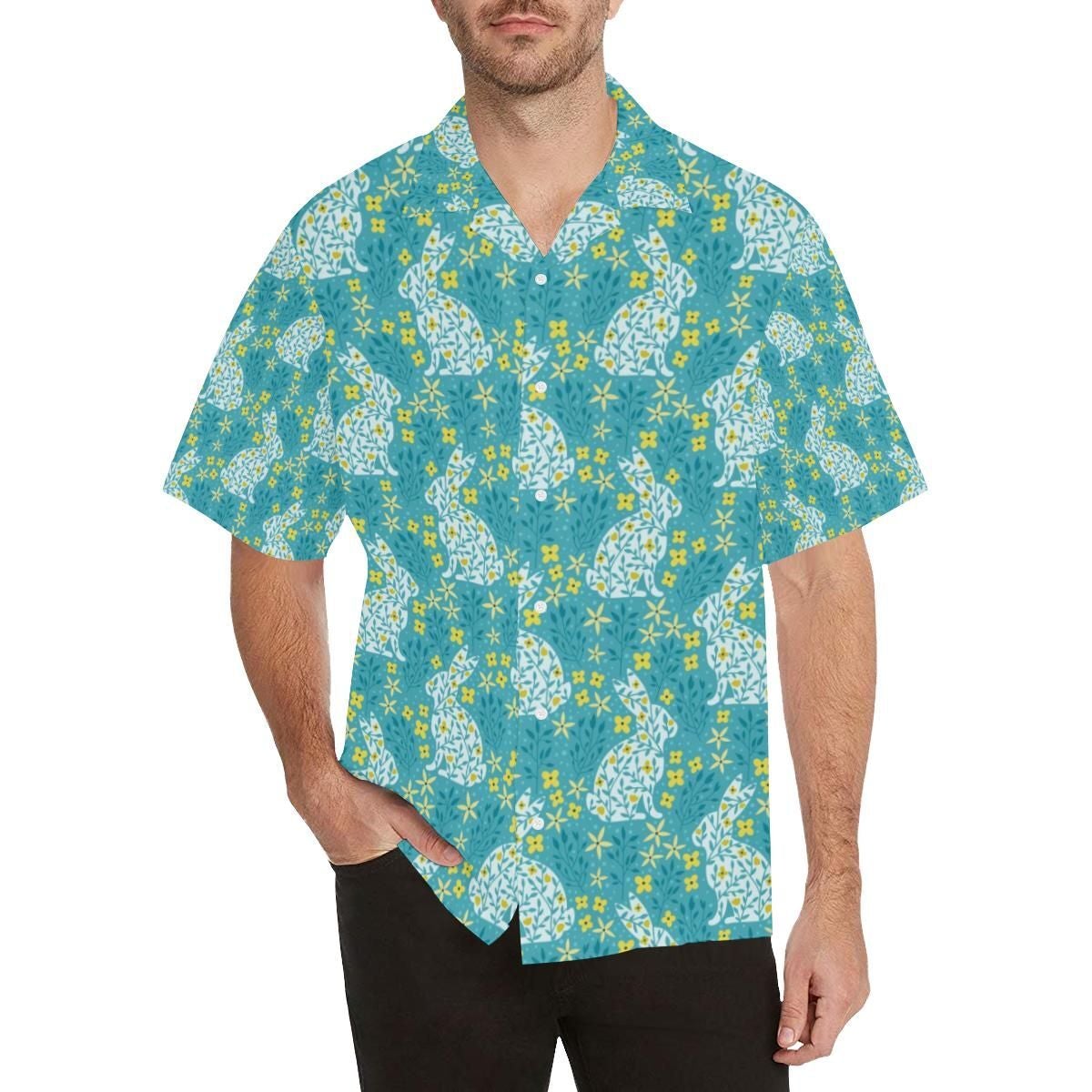 Rabbit Flower Theme Pattern Mens All Over Print Hawaiian Shirt, Unisex Print Aloha Short Sleeve Casual Shirt Summer Gifts