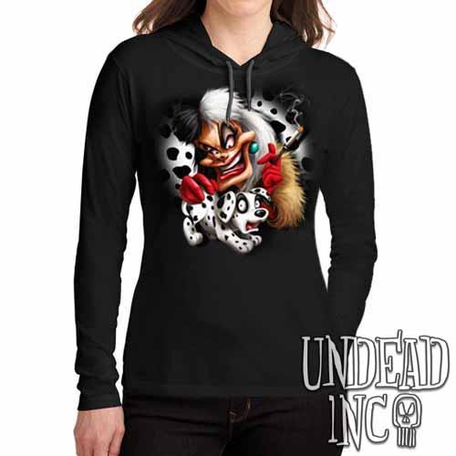 Villains Cruella De Vil Dalmatian Puppy Variant – Ladies Long Sleeve Hooded Shirt