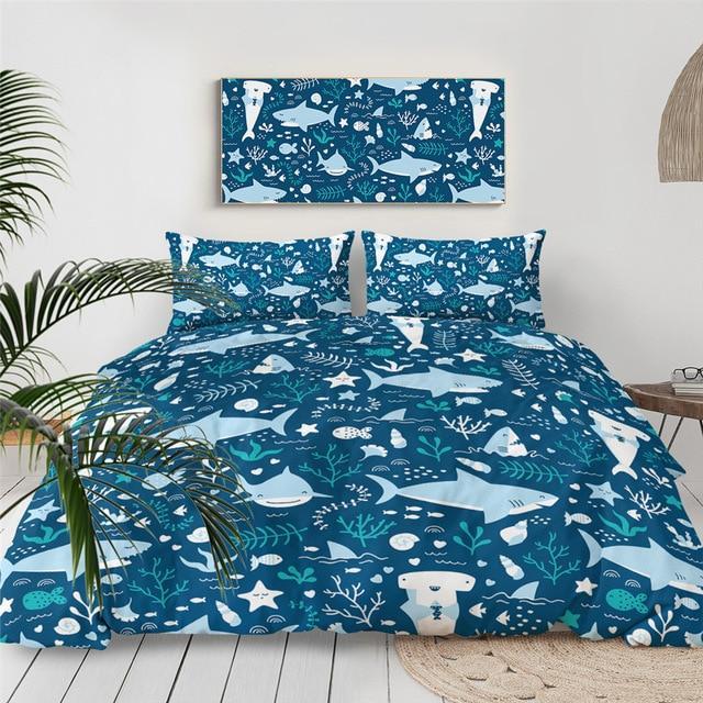 Cartoon Shark Themed 3 Pieces Quilted Comforter Set