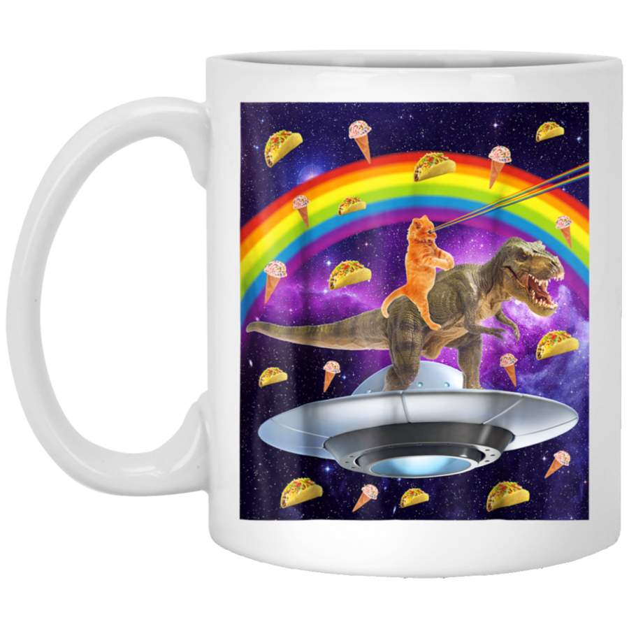 Taco Kitty Rainbow Laser Eye T-Rex Riding Space Cat White Mugs