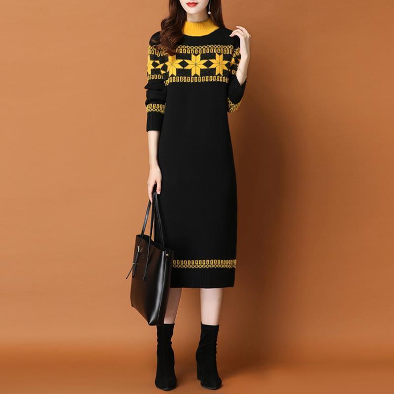 2020 Winter Womens Female Clothes Patchwork Long Sleeve Knit wool Sweater Dress , Korean party omighty Dresses alx