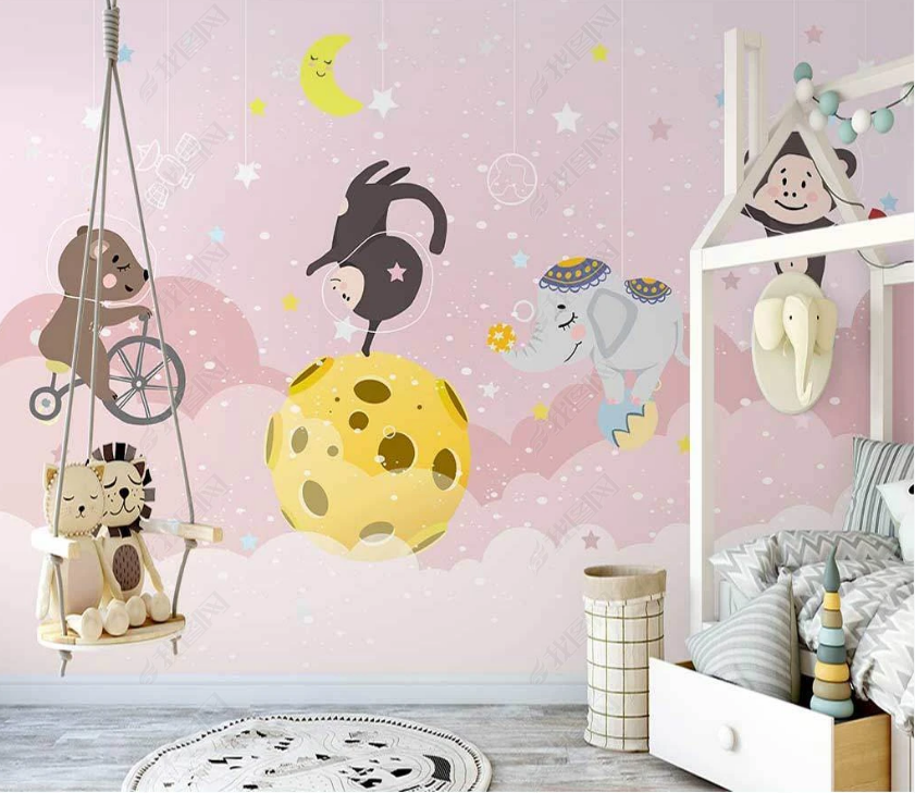 3D Hand-Painted Pink Starry Sky Animal Wall Mural Wallpaper Sww3289