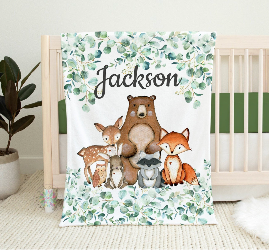 Woodland Animals Baby Blanket, Personalized Baby Blanket Gift, Personalized Blanket, Baby Shower Gift