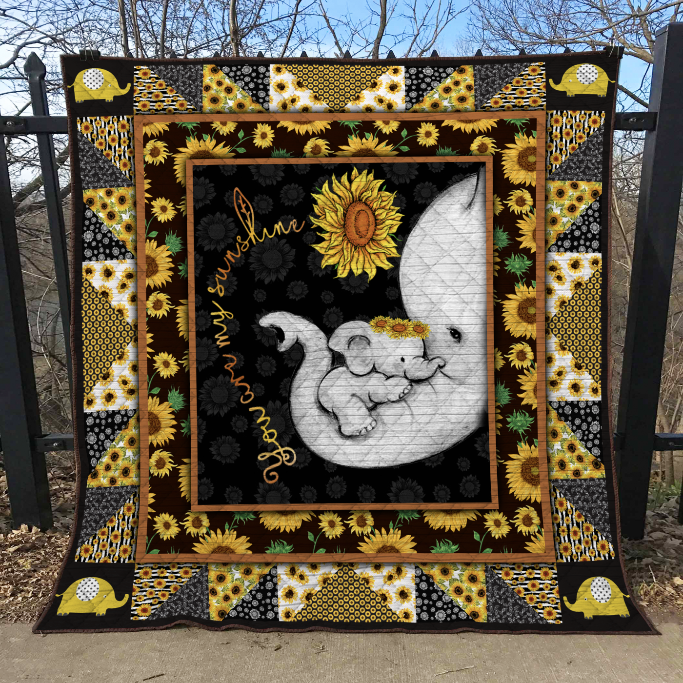 Hippie Elephants Love  You Are My Sunshine  Quilt Blanket