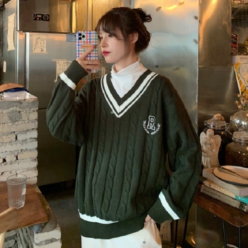 Uniform winter new Korean Ulzzang knitted sweater fashion Japanese Preppy Style female Harajuku V-neck ins sweater alx