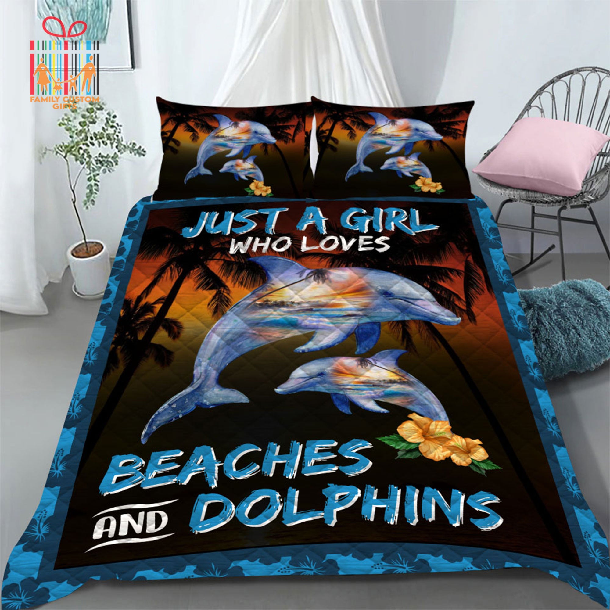 Custom Quilt Sets For Kids Teens Just A Girl Who Love Beaches & Dolphins Personalized Quilt Bedding