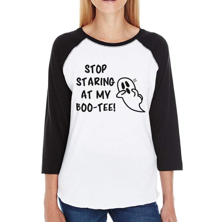 Stop Staring At My Boo-Tee Ghost Womens Black And White BaseBall Shirt